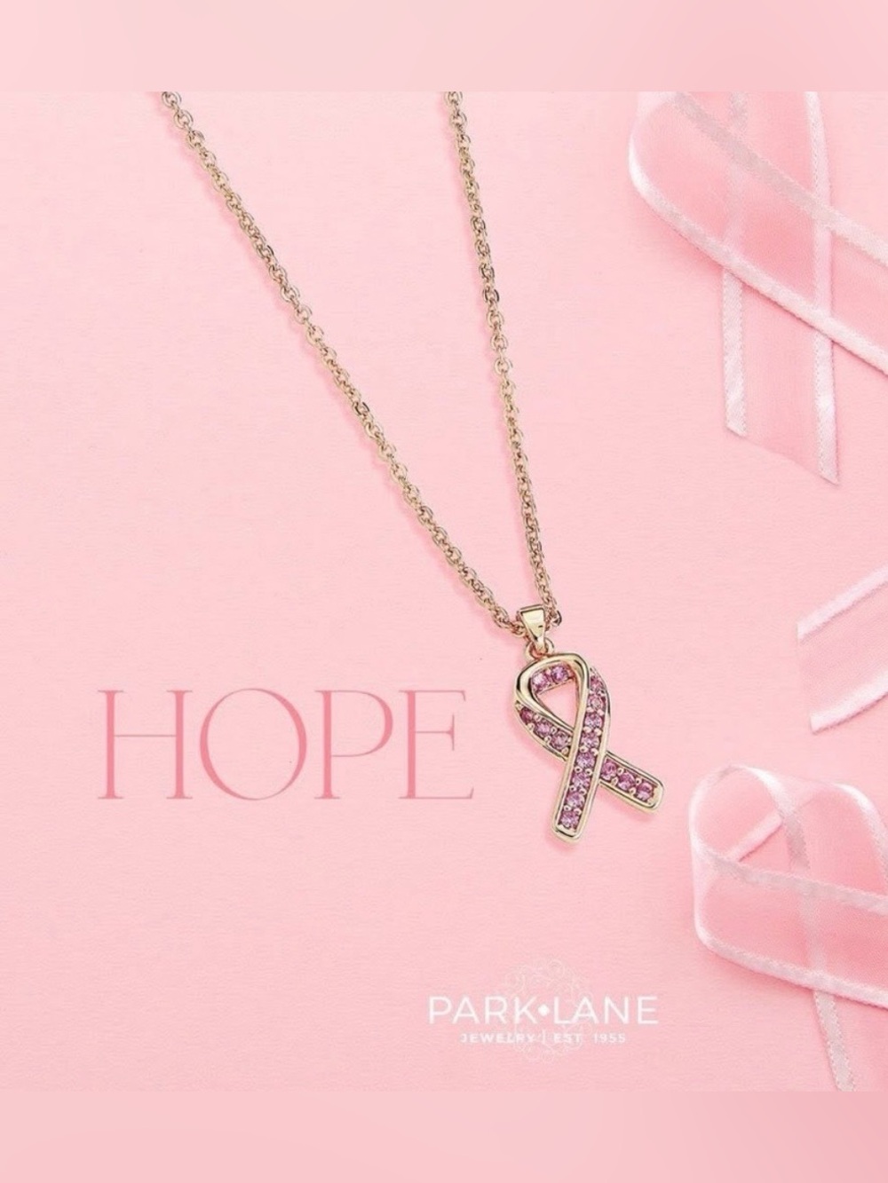 Park Lane Hope Necklace Gold Pink Ribbon Breast Cancer Awareness Crystal Pendant